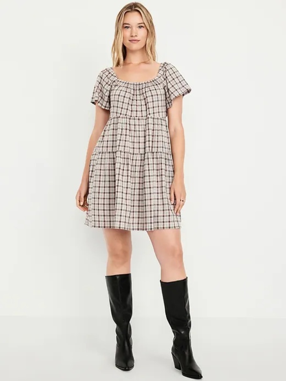 Old Navy Beige Plaid Short Sleeve Mini Dress